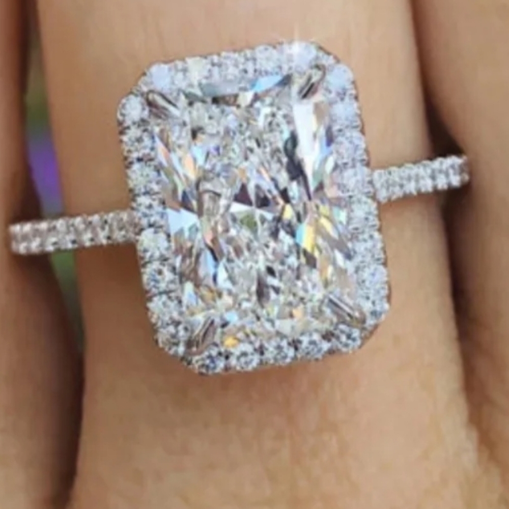 925 Sterling Silver Square Cut White Sapphire Side Micro Inlay Diamond R… - Picture 5 of 9